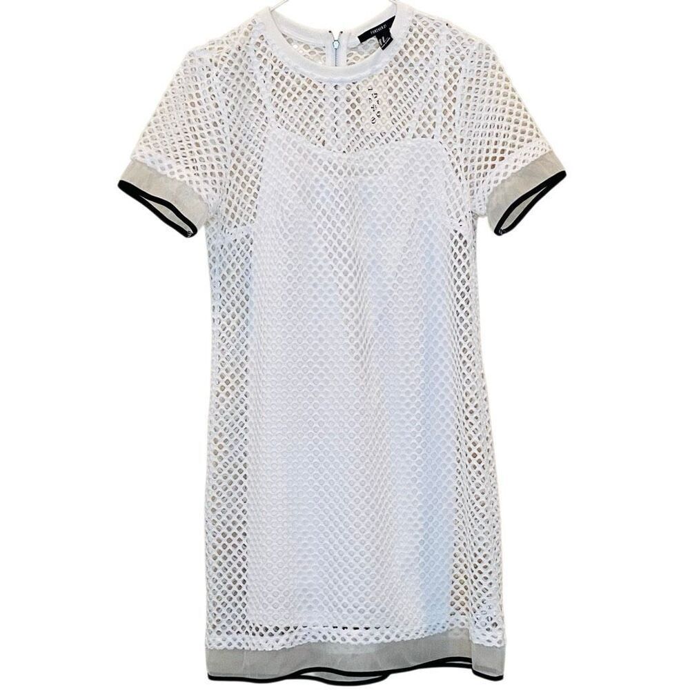 NWT Forever 21 Mesh Net Short Sleeve Cover-up Dress W/ Slip Liner White Medium